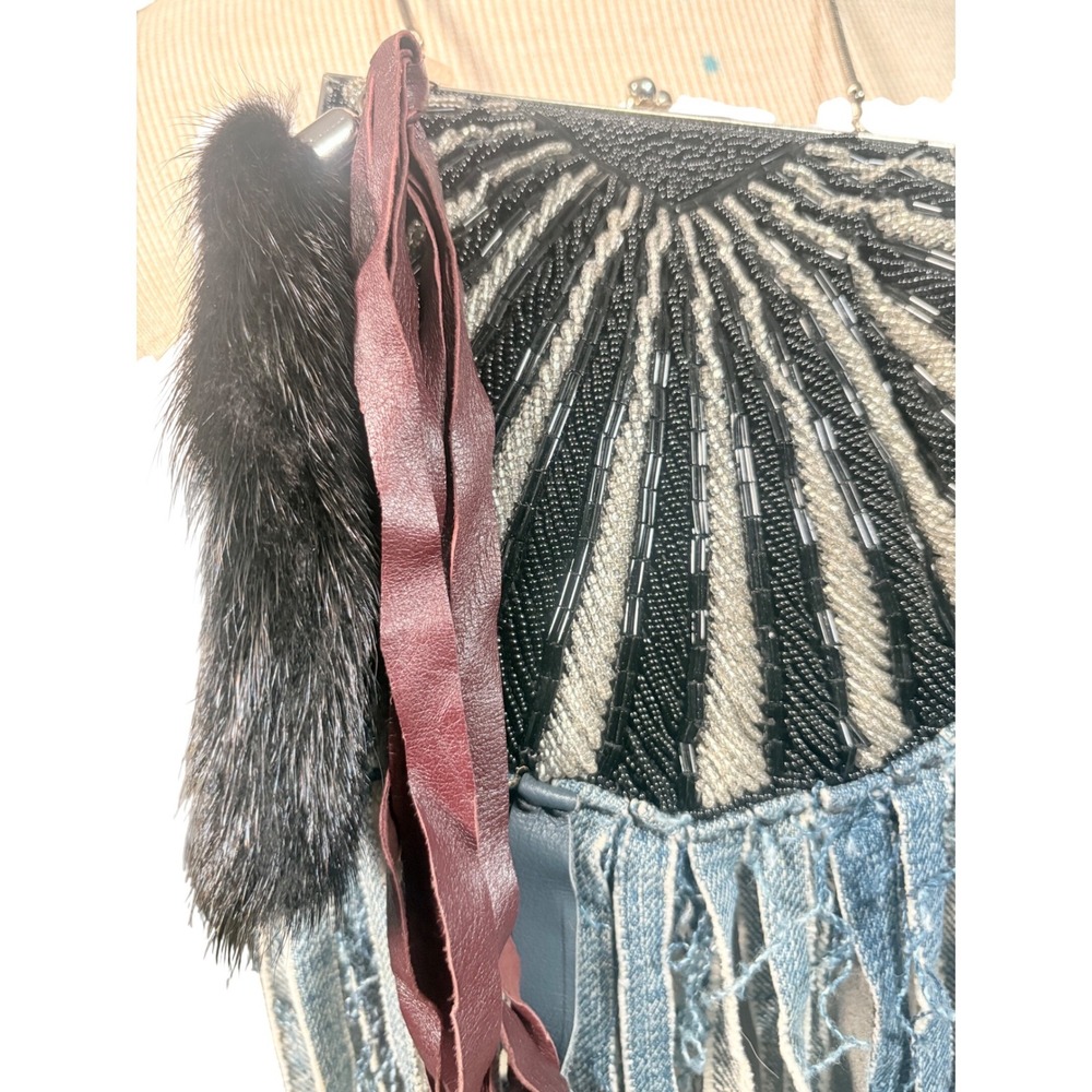 MAME Bespoke Reworked Vintage Beaded‎ Crossbody Bag Fringe & Mink Tail firm - Picture 2 of 15